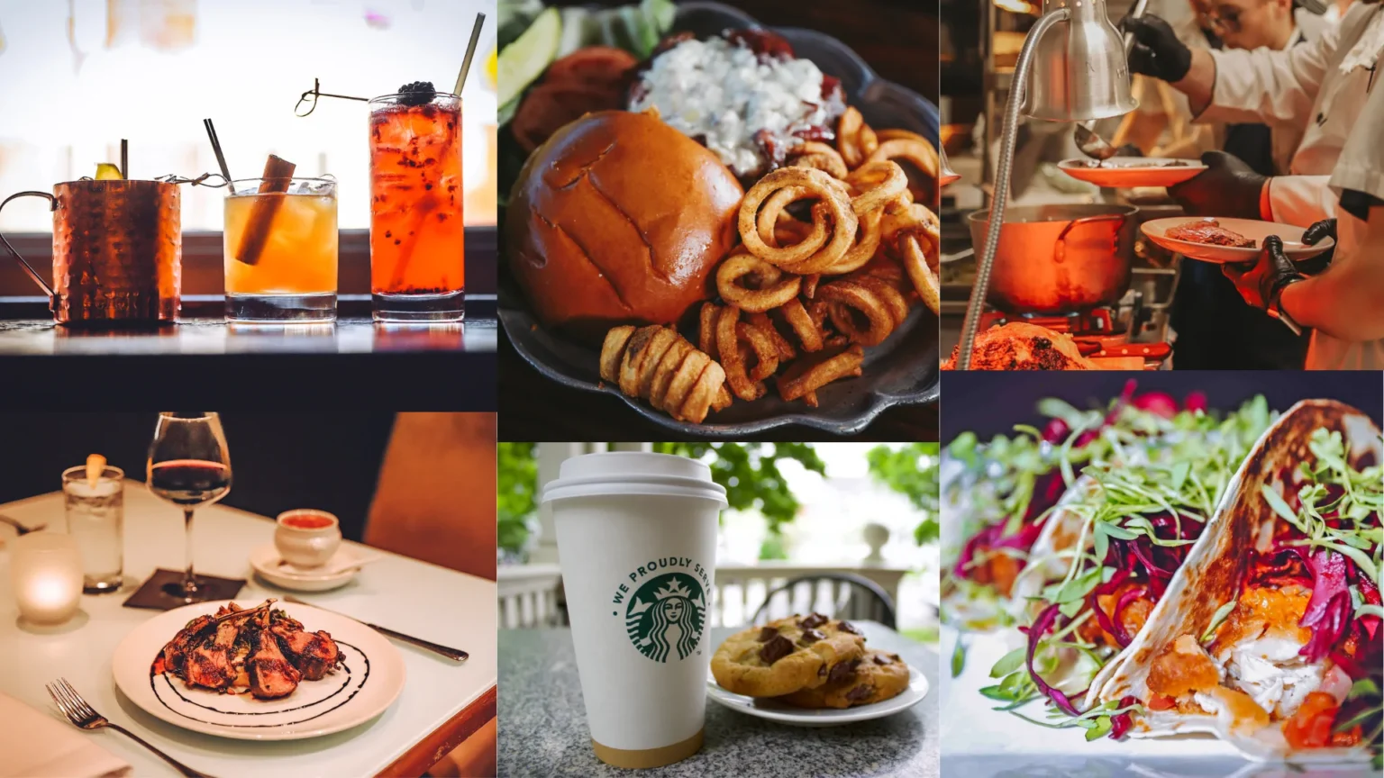 a collage of photos with food and drinks