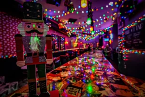 a long table with a nutcracker figure on it