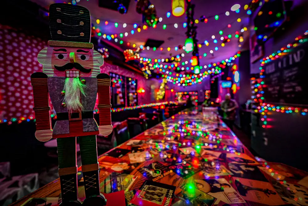 a long table with a nutcracker figure on it