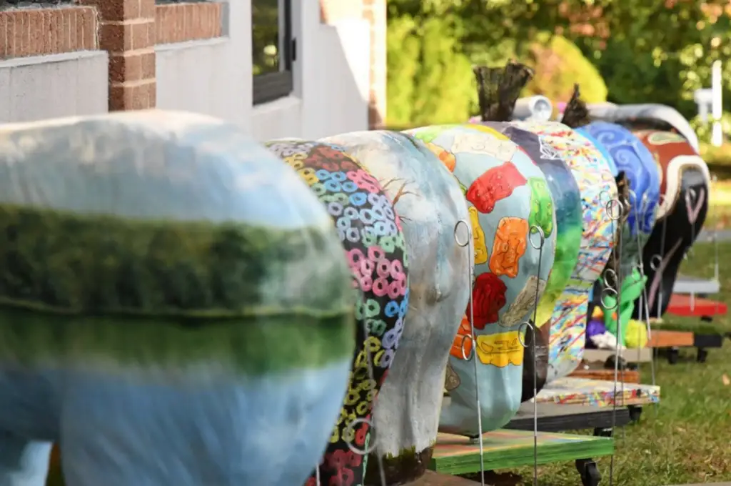 a row of colorfully painted benches sitting on the side of a building